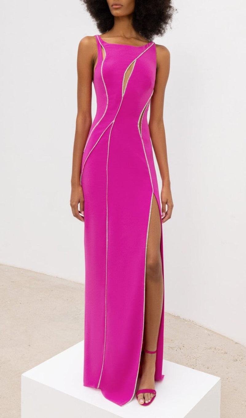 CRYSTAL WAVY CUTOUT THIGH-SLIT CADY GOWN styleofcb 