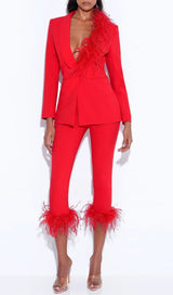 RED BLAZER SUIT WITH FEATHER TRIM Bottoms styleofcb 