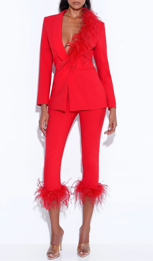RED BLAZER SUIT WITH FEATHER TRIM Bottoms styleofcb 