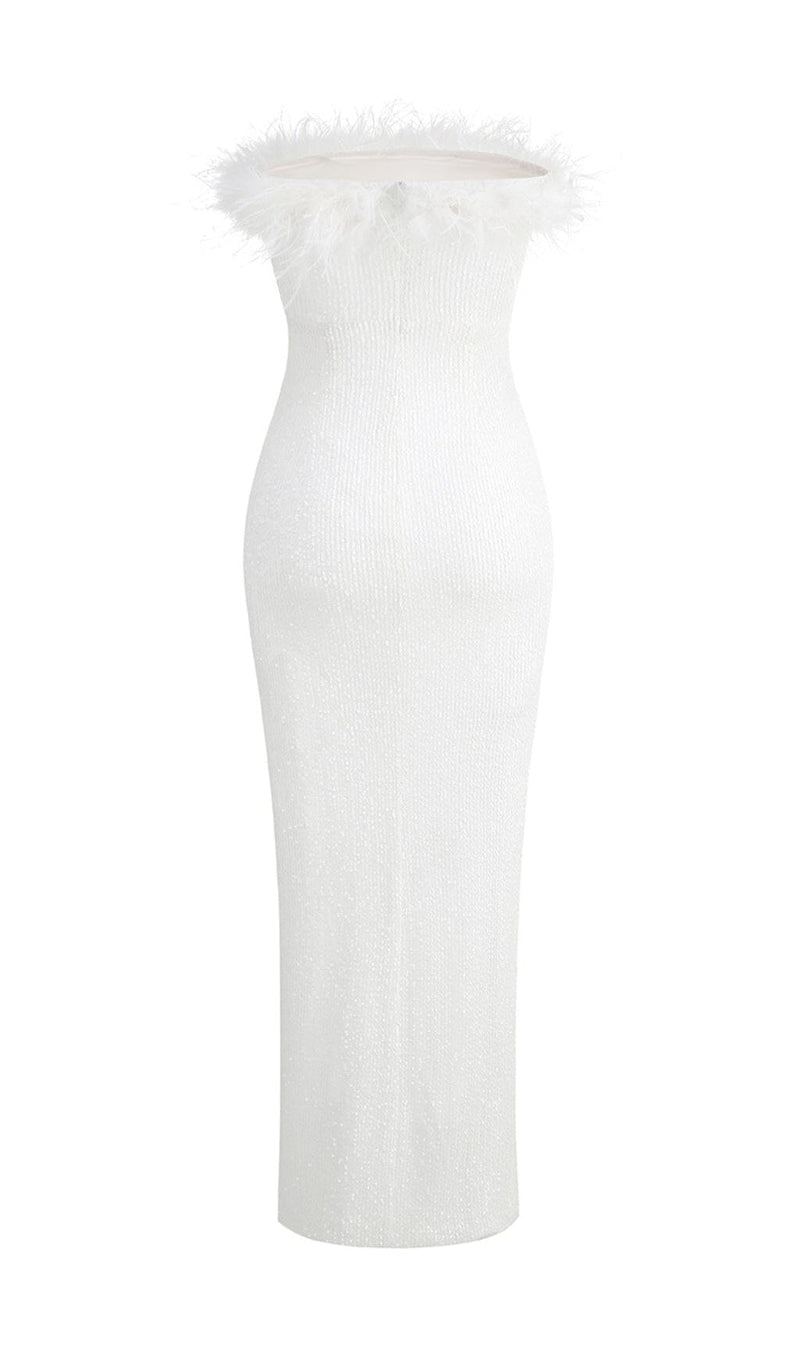 OSTRICH HAIR DECORATIVE BANDEAU MAXIC DRESS IN WHITE styleofcb 