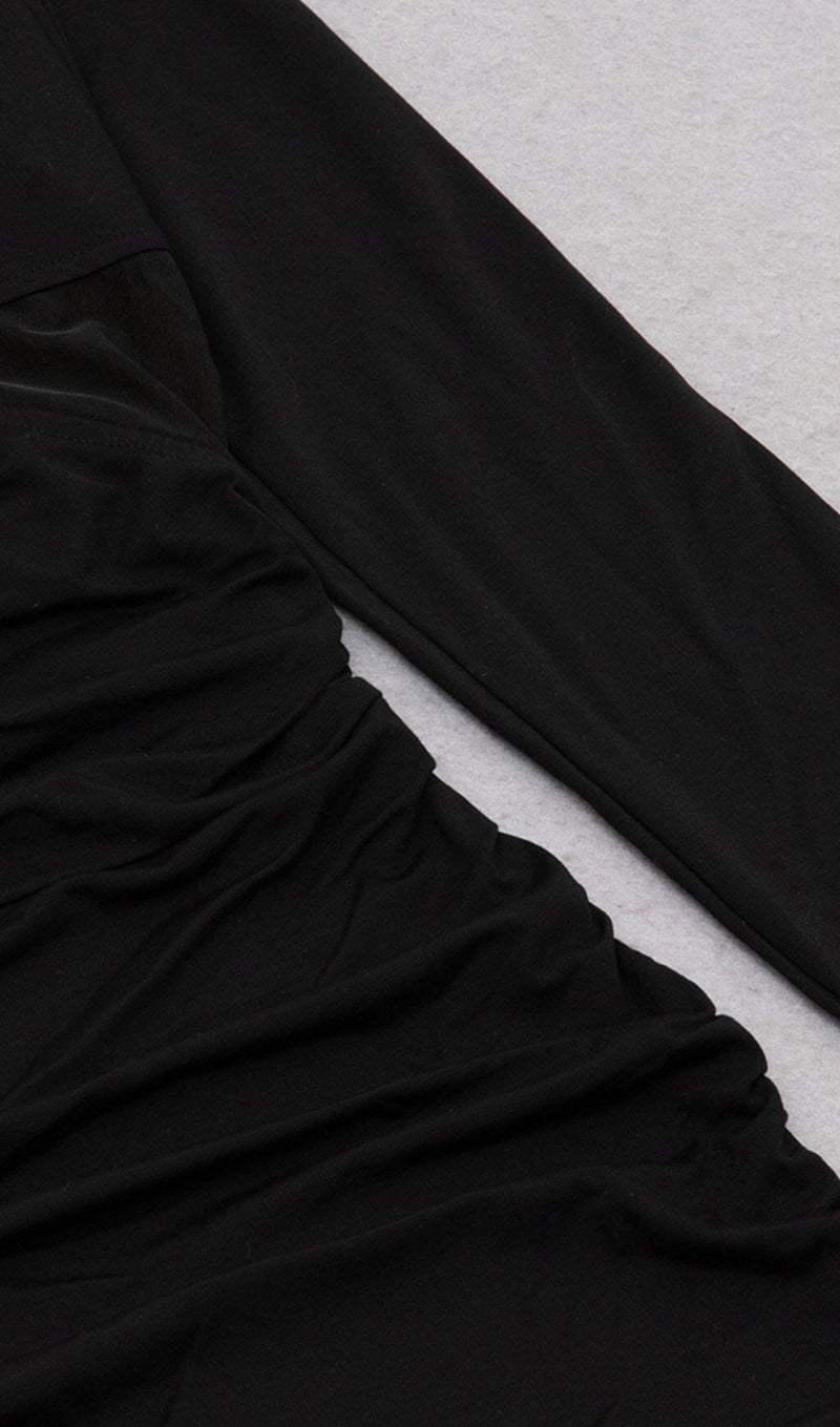 LONG SLEEVED V NECK PLEATED MIDI DRESS IN BLACK DREESES styleofcb 