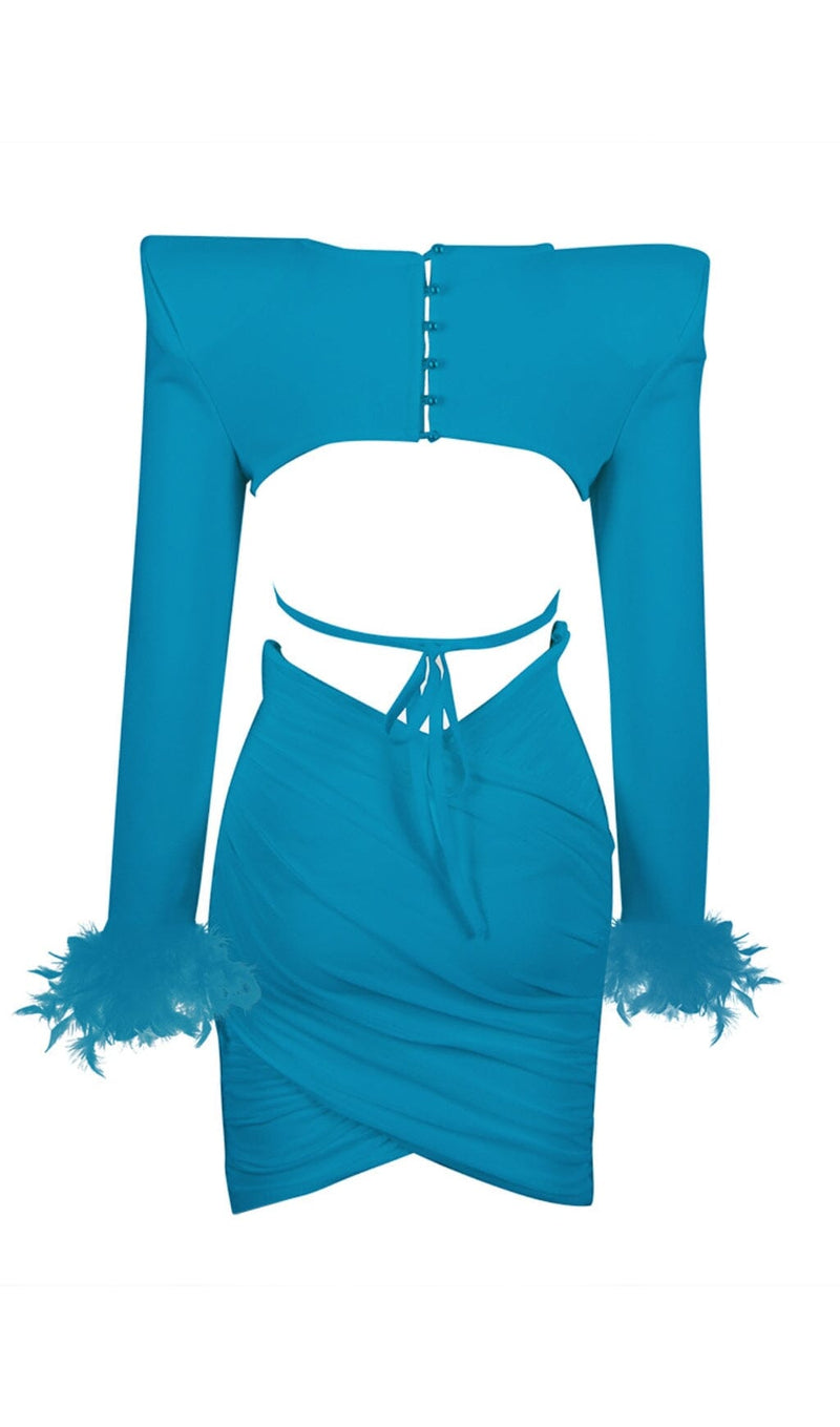 SHOULEDR PAD WAIST BARING FEATHER BLOUSE PLEATED DRESS IN BLUE styleofcb 