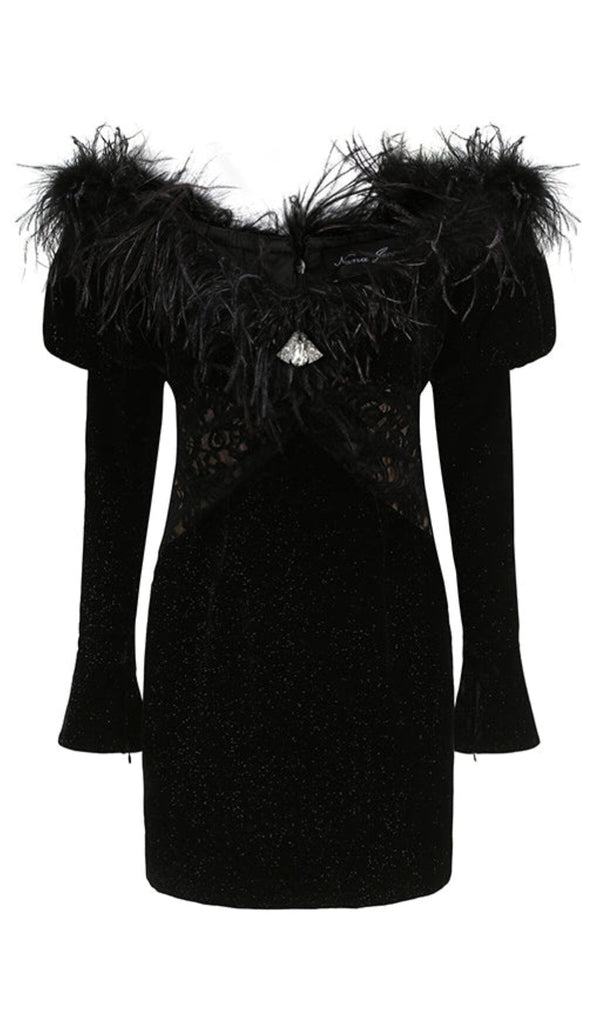 OFF SHOULDER OSTRICH FUR DECORATIVE SLIM-FIT MINI DRESS IN BLACK styleofcb 