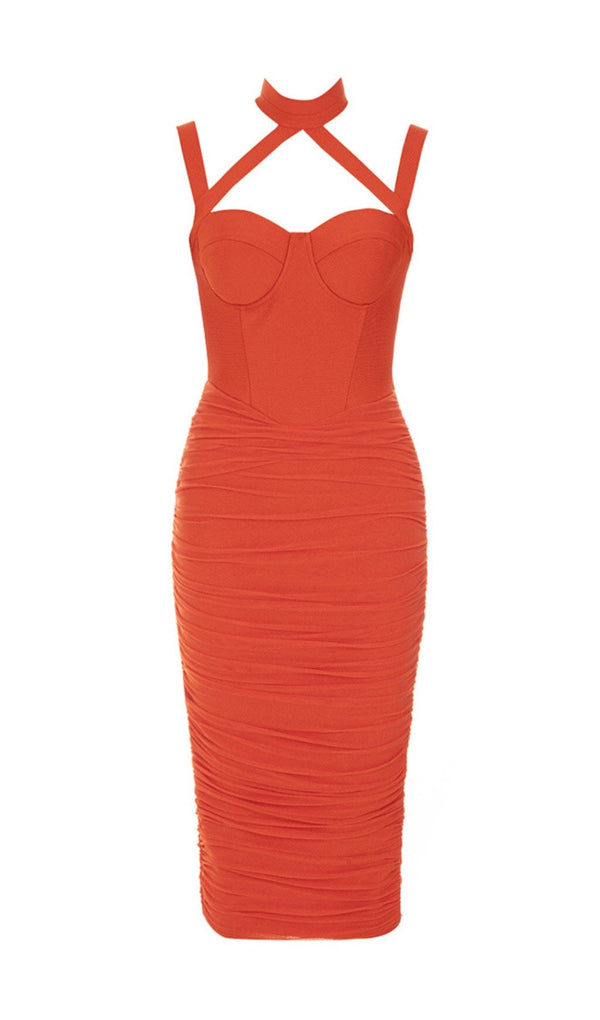 MESH RUCHED MIDI DRESS IN ORANGE styleofcb 