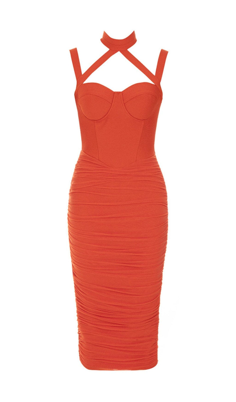 MESH RUCHED MIDI DRESS IN ORANGE styleofcb 