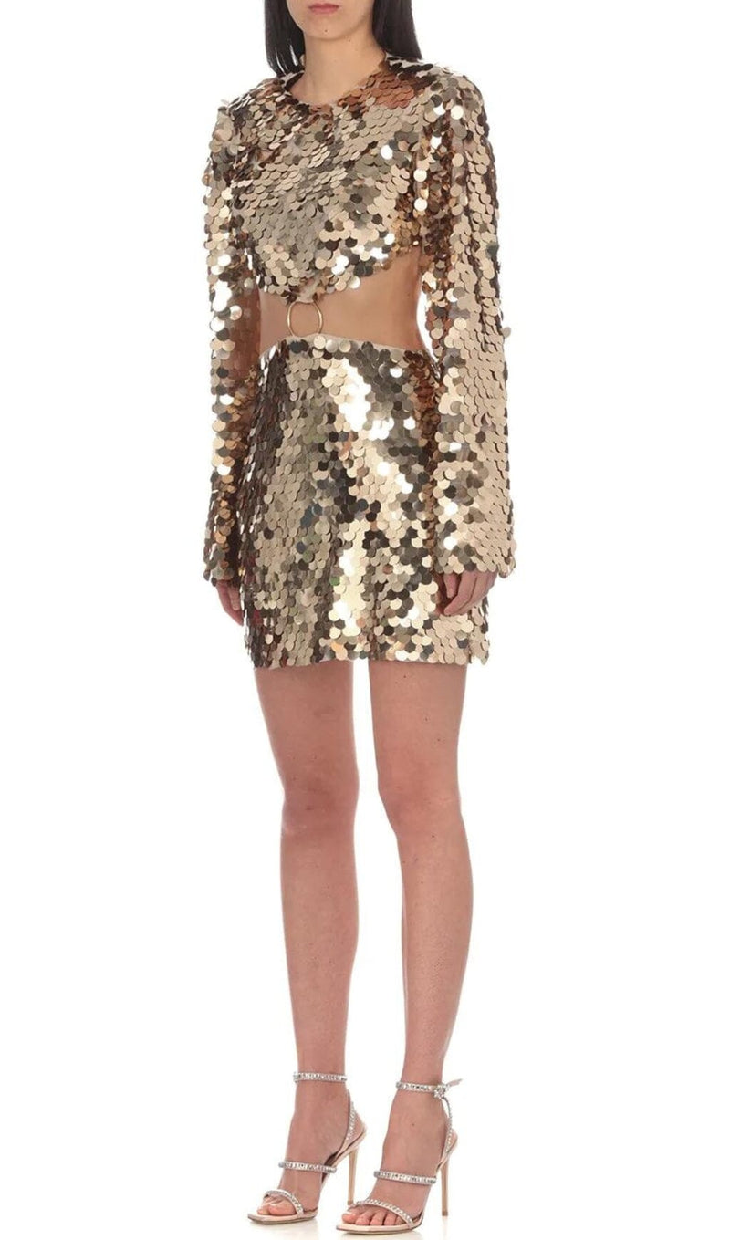 SPARKLING LONG SLEEVE MINI DRESS IN GOLD styleofcb 