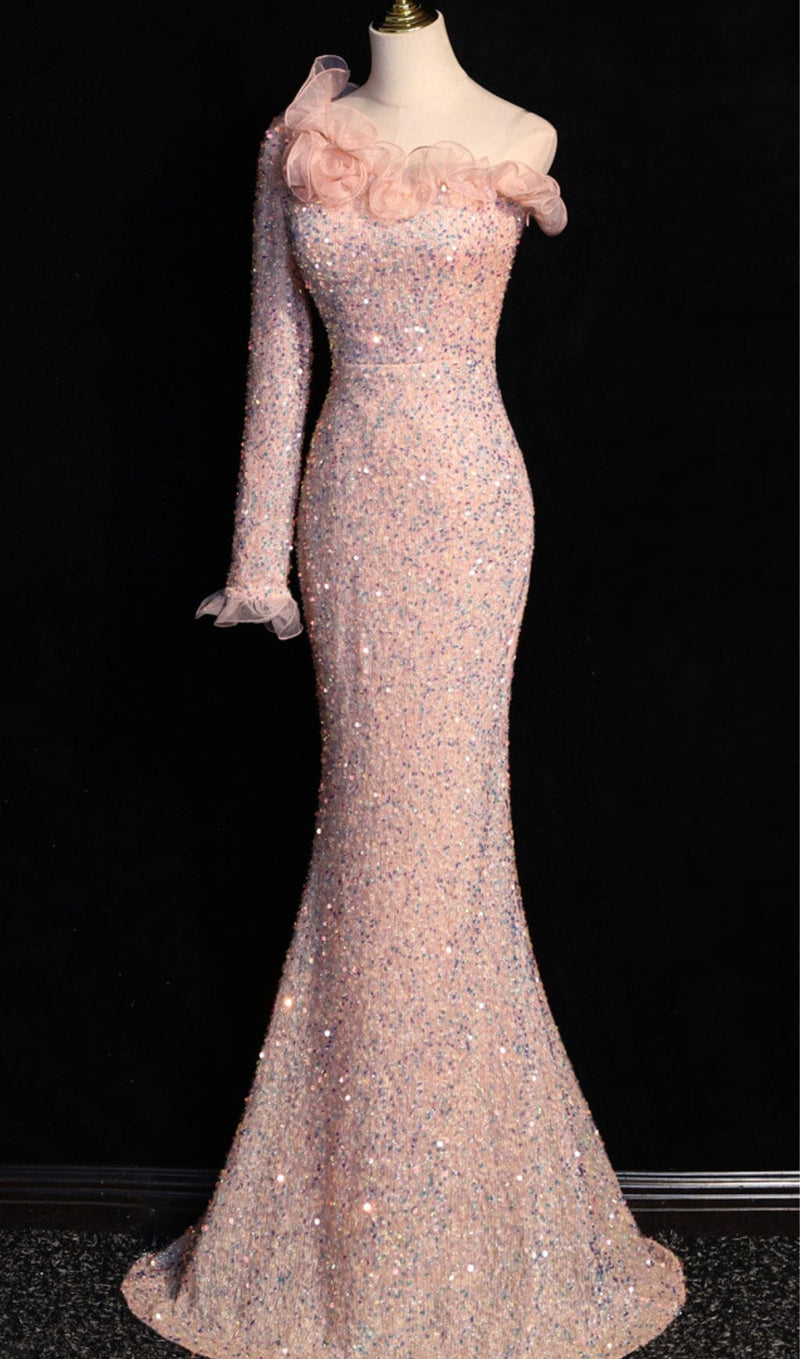 ONE-SHOULDER PUFF SLEEVE SEQUIN STITCHED MAXI DRESS Dresses styleofcb 