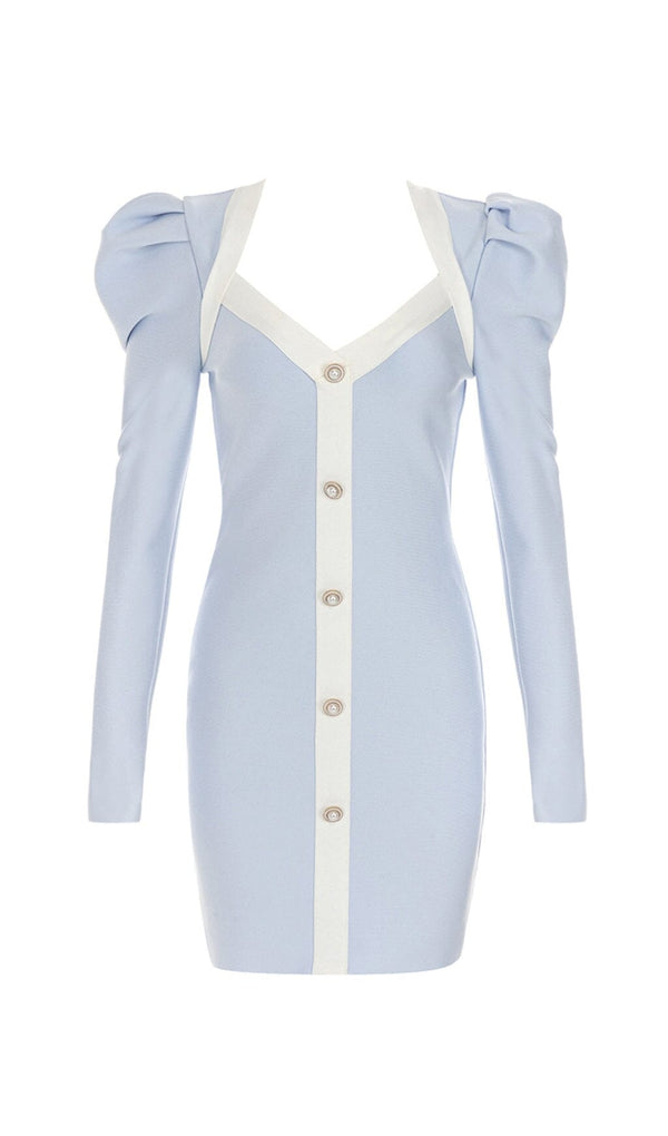 BANDAGE PUFF SLEEVE PEARL BUTTON ELEGANT MINI DRESS IN LIGHT BLUE styleofcb 