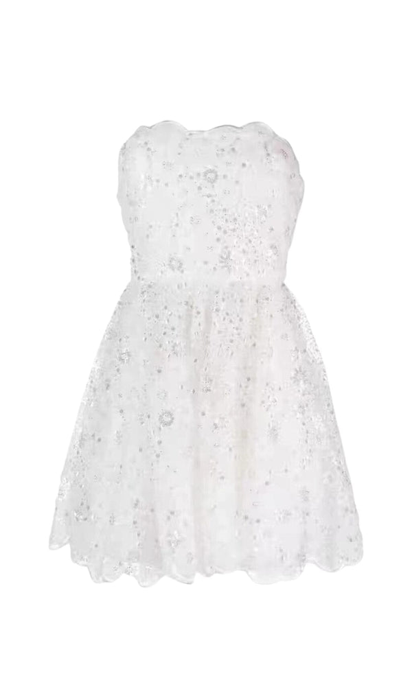 BEADED SEQUIN BANDEAU MINI DRESS IN WHITE styleofcb 