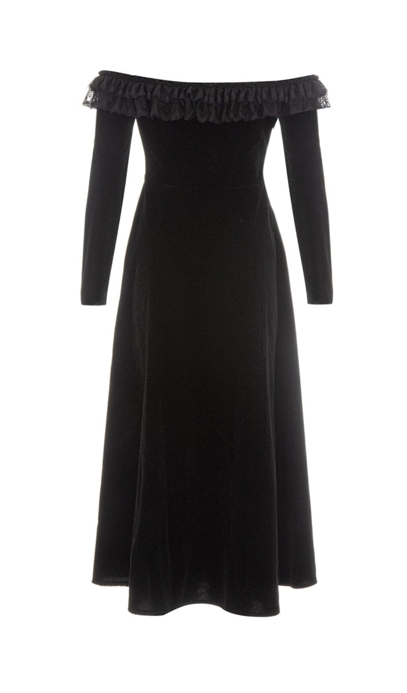 VELVET LACE ONE PIECE NECKLINE VINTAGE MIDI DRESS IN BLACK styleofcb 