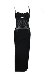 MESH CORSET SPLIT MAXI DRESS IN BLACK styleofcb 