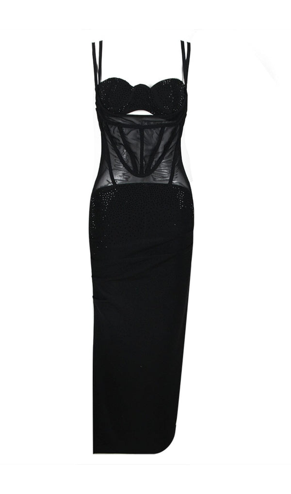 MESH CORSET SPLIT MAXI DRESS IN BLACK styleofcb 