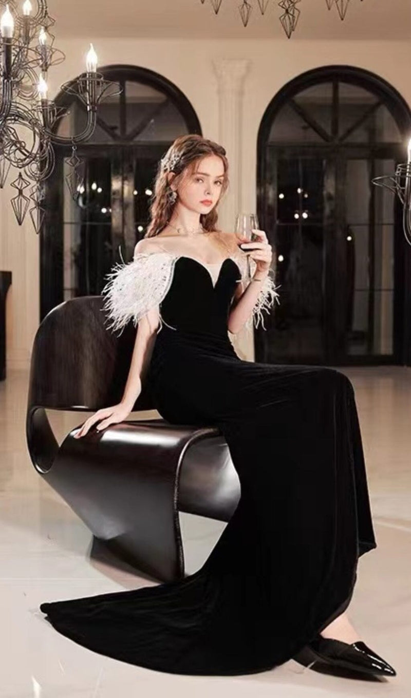 ELEGANT FEATHER OFF SHOULDER FISHTAIL MAXI DRESS IN BLACK styleofcb 