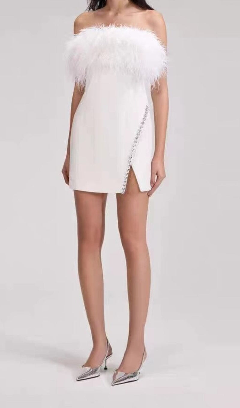 BANDAGE FEATHER CRYSTAL MINI DRESS IN WHITE styleofcb 