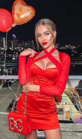 JOCELYNN BURGUNDY SATIN MESH LONG SLEEVE CORSET DRESS Dresses styleofcb 