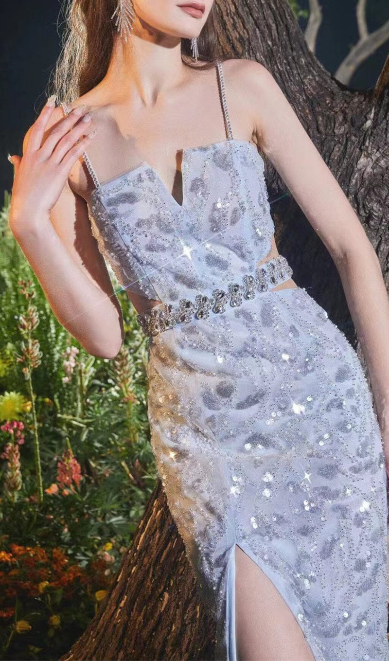 MESH DIAMOND CUT-OUT WAISTLESS SEQUIN SPLID DRESS IN LIGHT BLUE styleofcb 
