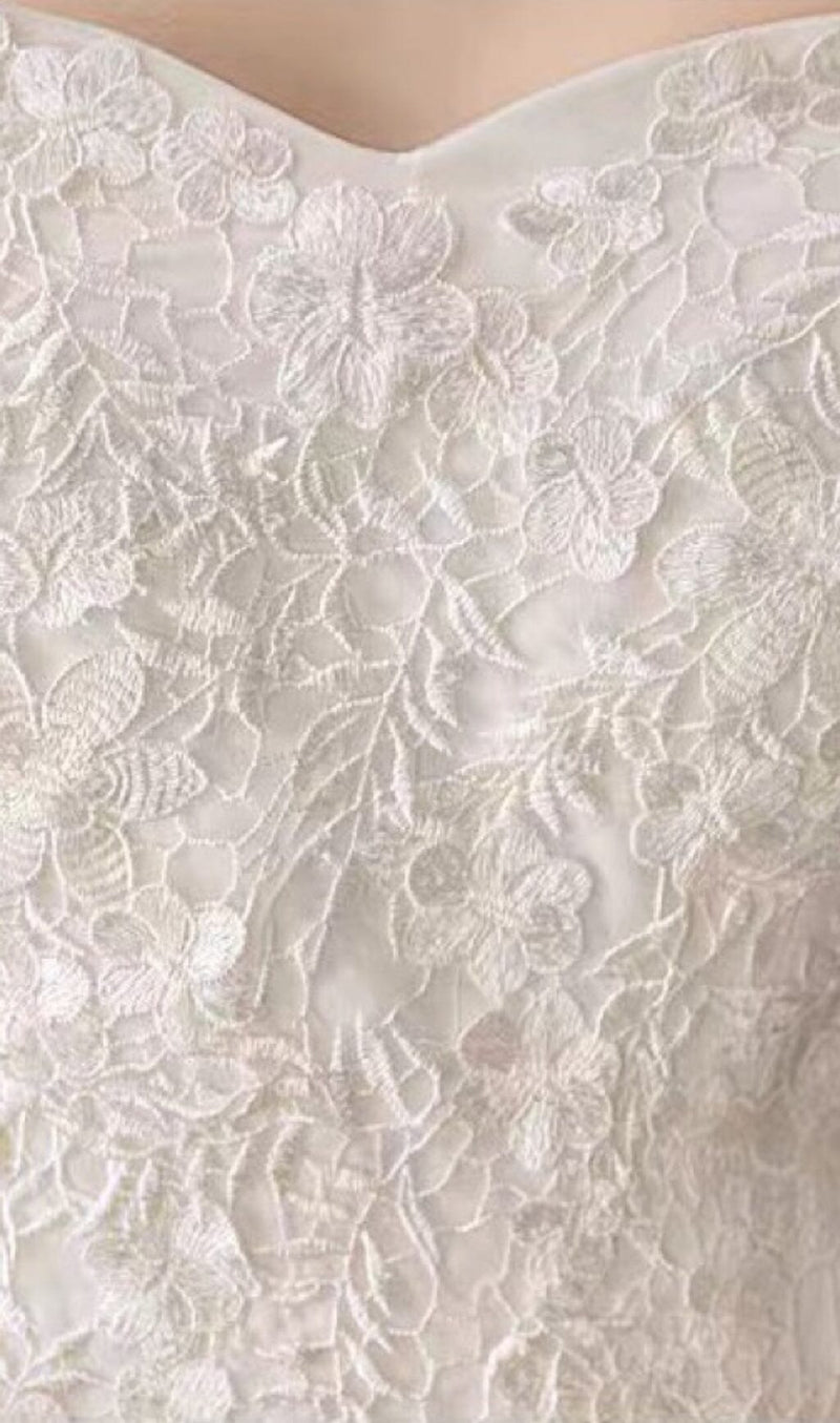 STRAPLESS LACE EMBELLISHED SHAGGY YARN DRESS IN WHITE styleofcb 