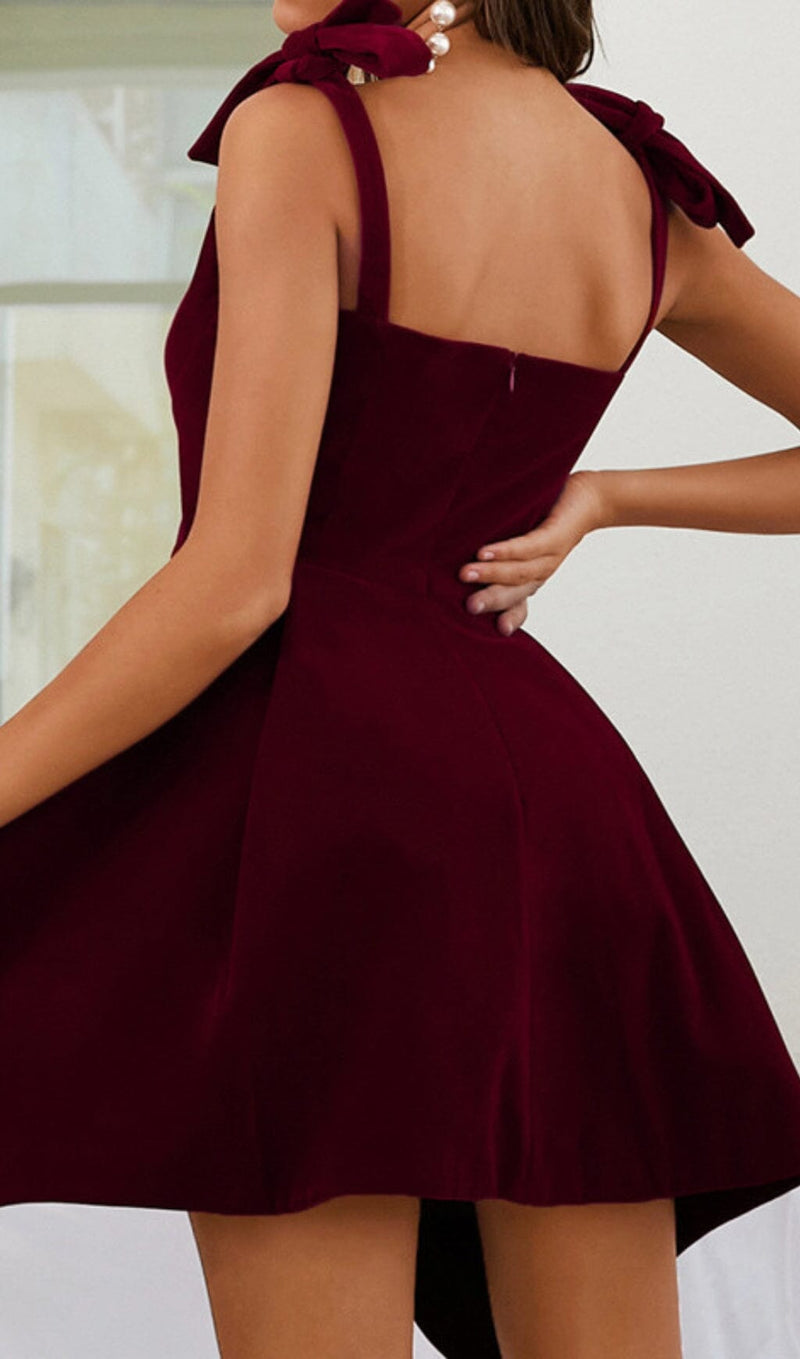 BOW SHOULDER STRAP VELVET SUSPENDER DRESS IN BURGUNDY styleofcb 