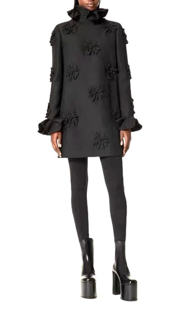 GIANNA STEREO FLOWER RUFFLE MINI DRESS IN BLACK styleofcb 