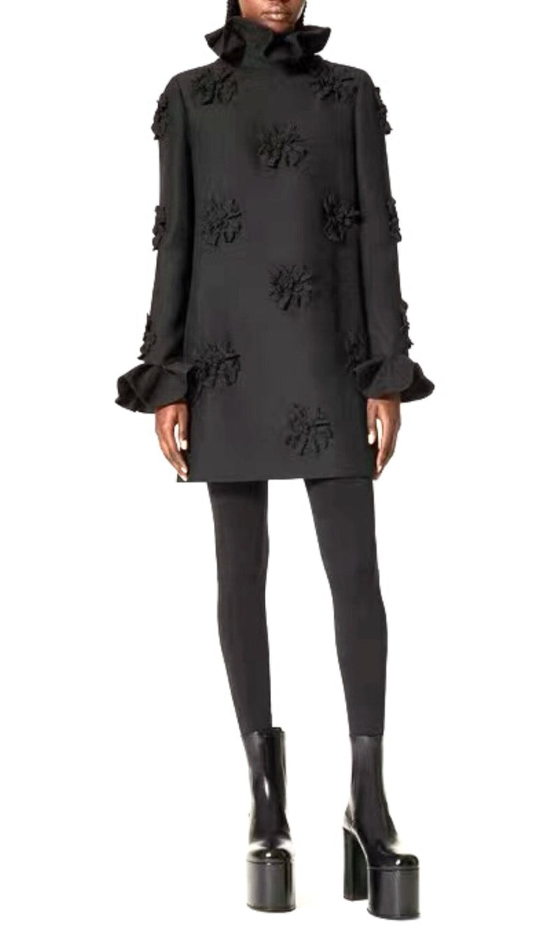 GIANNA STEREO FLOWER RUFFLE MINI DRESS IN BLACK styleofcb 