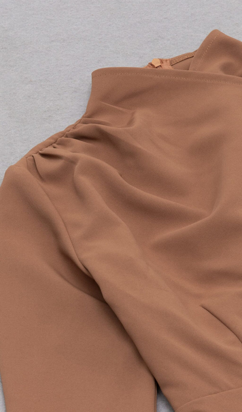 IRREGULAR PLEATED HIGH SPLIT METAL BUCKLE DRESS IN CAMEL styleofcb 