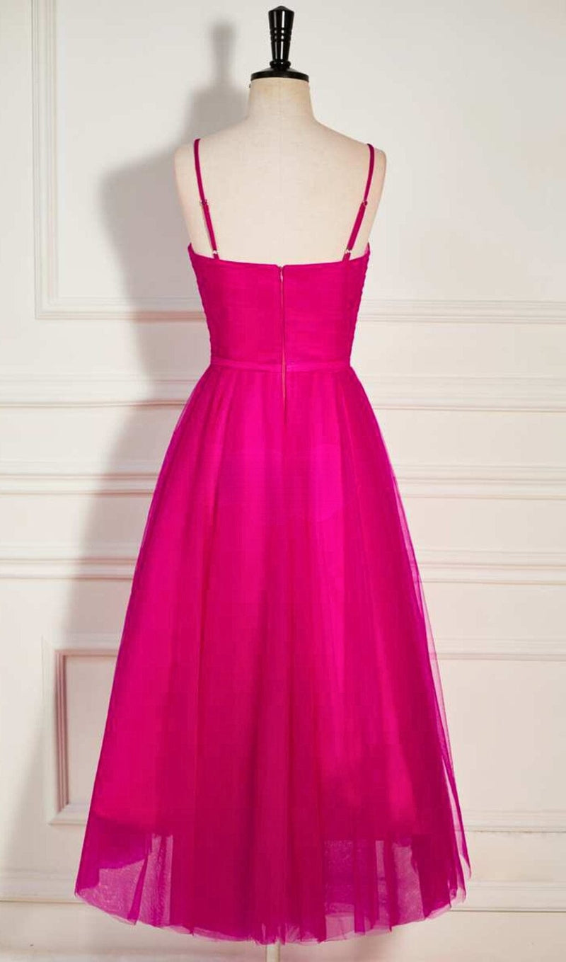 PLEATS SPAGHETTI STRAPS MIDI DRESS IN HOT PINK DRESS STYLE OF CB 