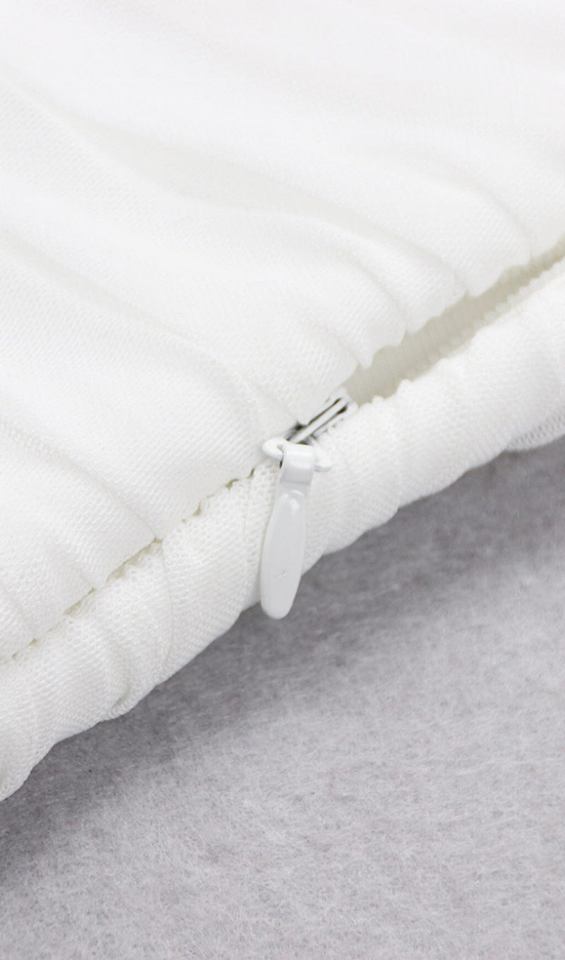 SHOULEDR PAD WAIST BARING FEATHER BLOUSE PLEATED DRESS IN WHITE styleofcb 