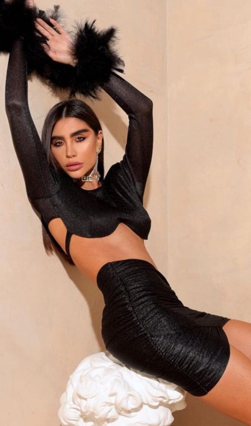 SHOULEDR PAD WAIST BARING FEATHER BLOUSE PLEATED DRESS IN BLACK styleofcb 