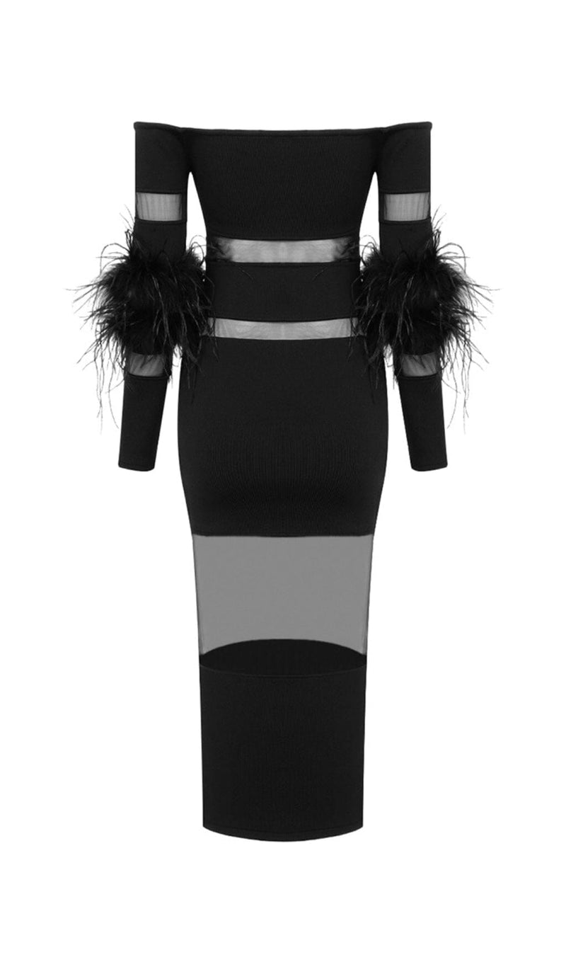 BANDAGE OFF-SHOULDER FEATHER MIDI DRESS IN BLACK styleofcb 