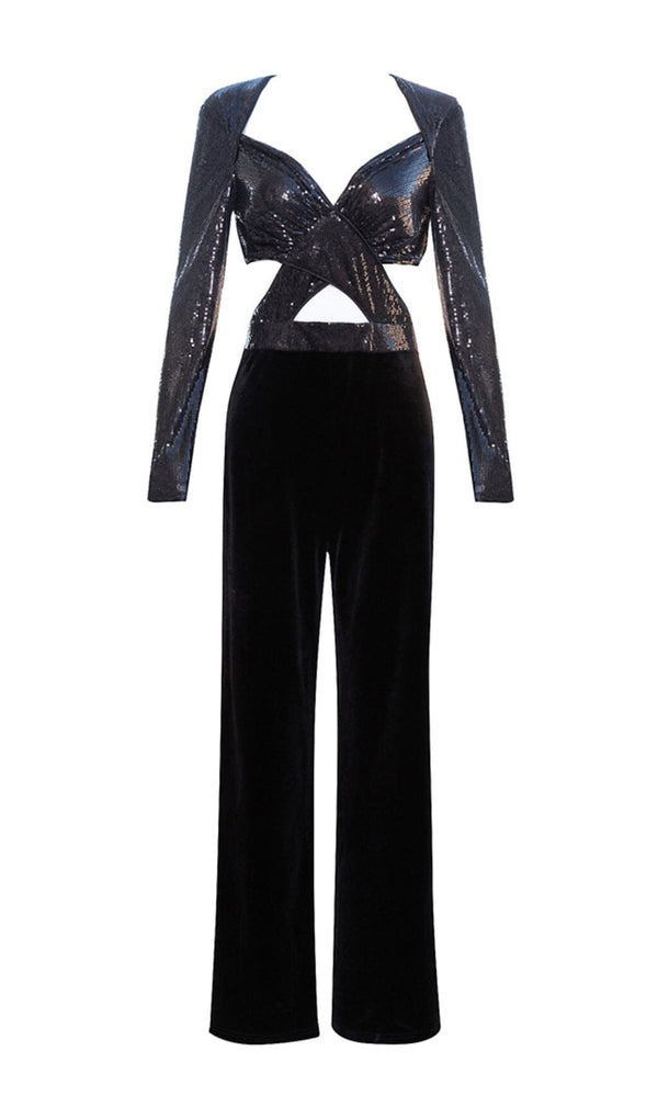 VELVET SEQUIN CUT-OUT FLOOR-LENGTH JUMPSUIT IN BLACK styleofcb 