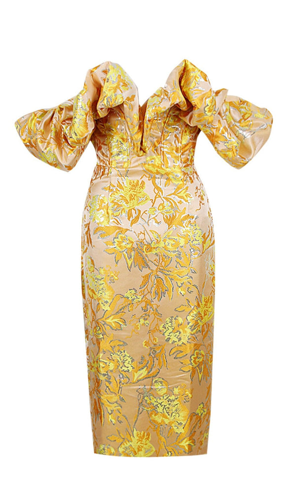 JACQUARD OFF SHOULDER MIDI DRESS IN YELLOW styleofcb 