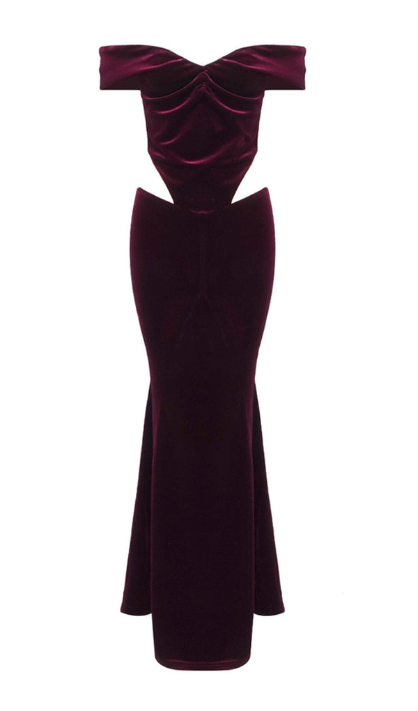 OFF SHOULDER WAIST HOLLOW VELVET MAXI DRESS IN BURGUNDY styleofcb 