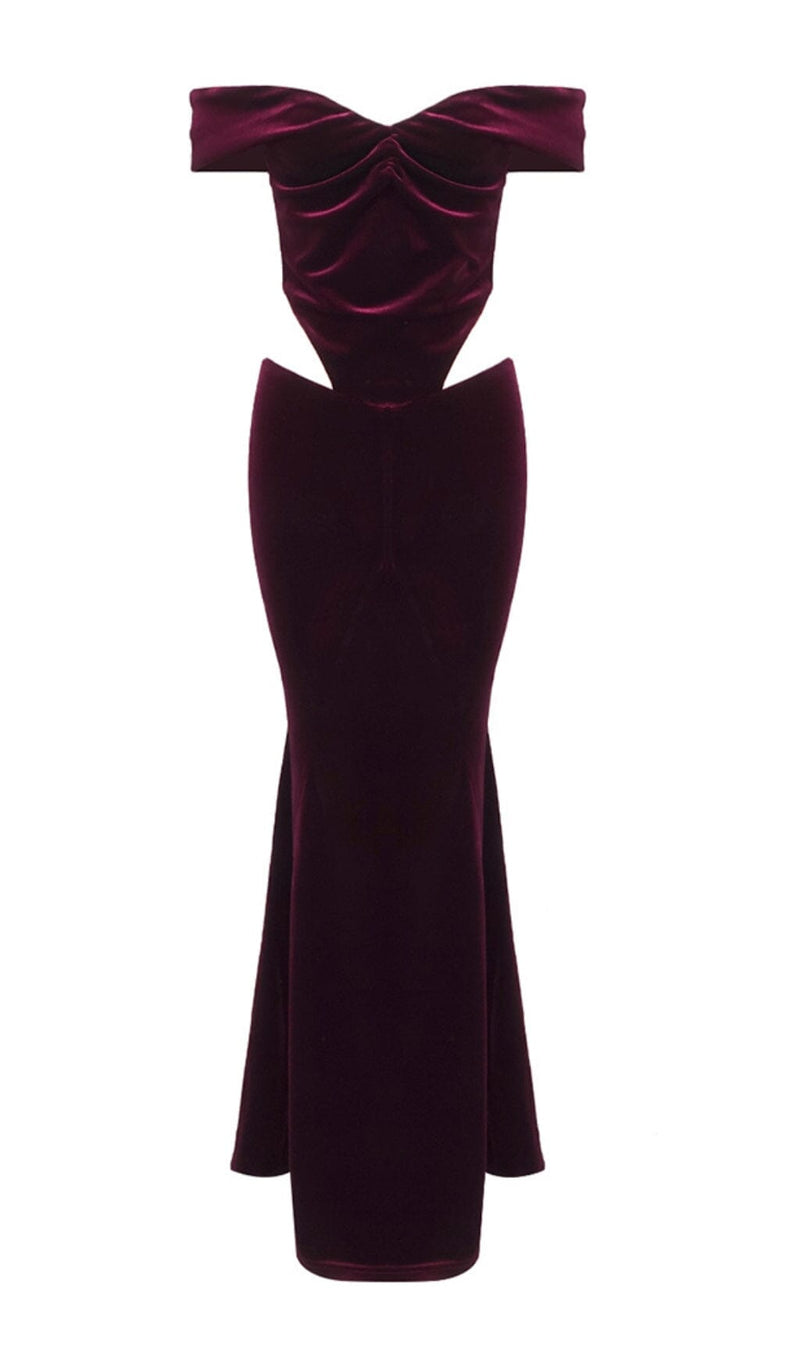 OFF SHOULDER WAIST HOLLOW VELVET MAXI DRESS IN BURGUNDY styleofcb 