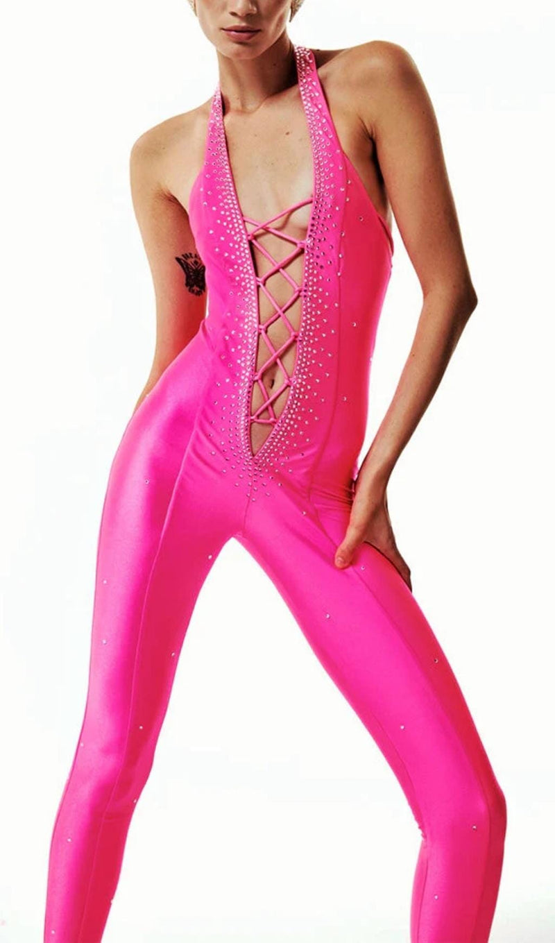 HALTER NECK CRYSTAL BACKLESS JUMPSUITS IN PINK BODYSUITS & JUMPSUITS styleofcb 