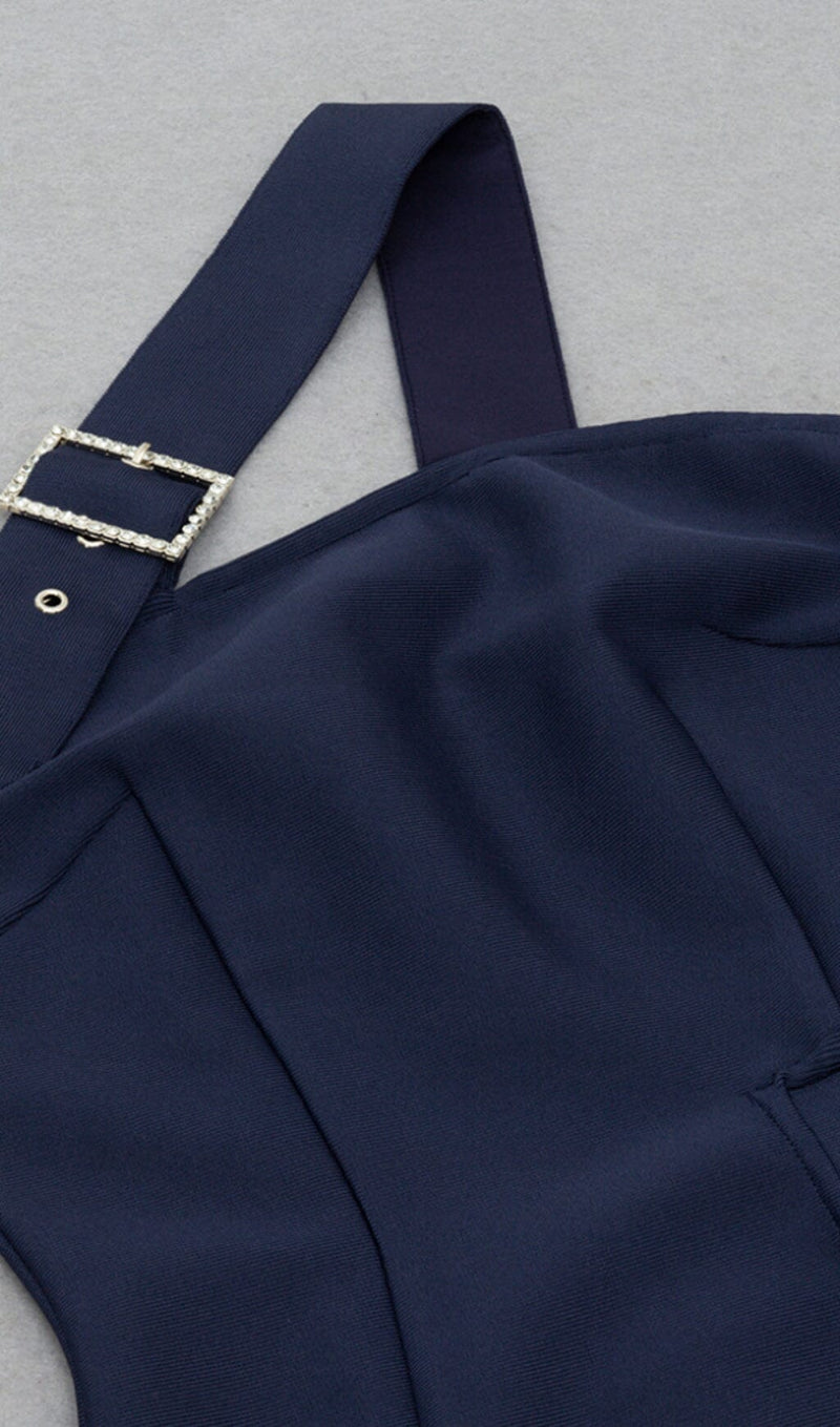 ONE-SHOULDER DRESS WITH DRILL BUCKLE SPLIT IN NAVY BLUE styleofcb 