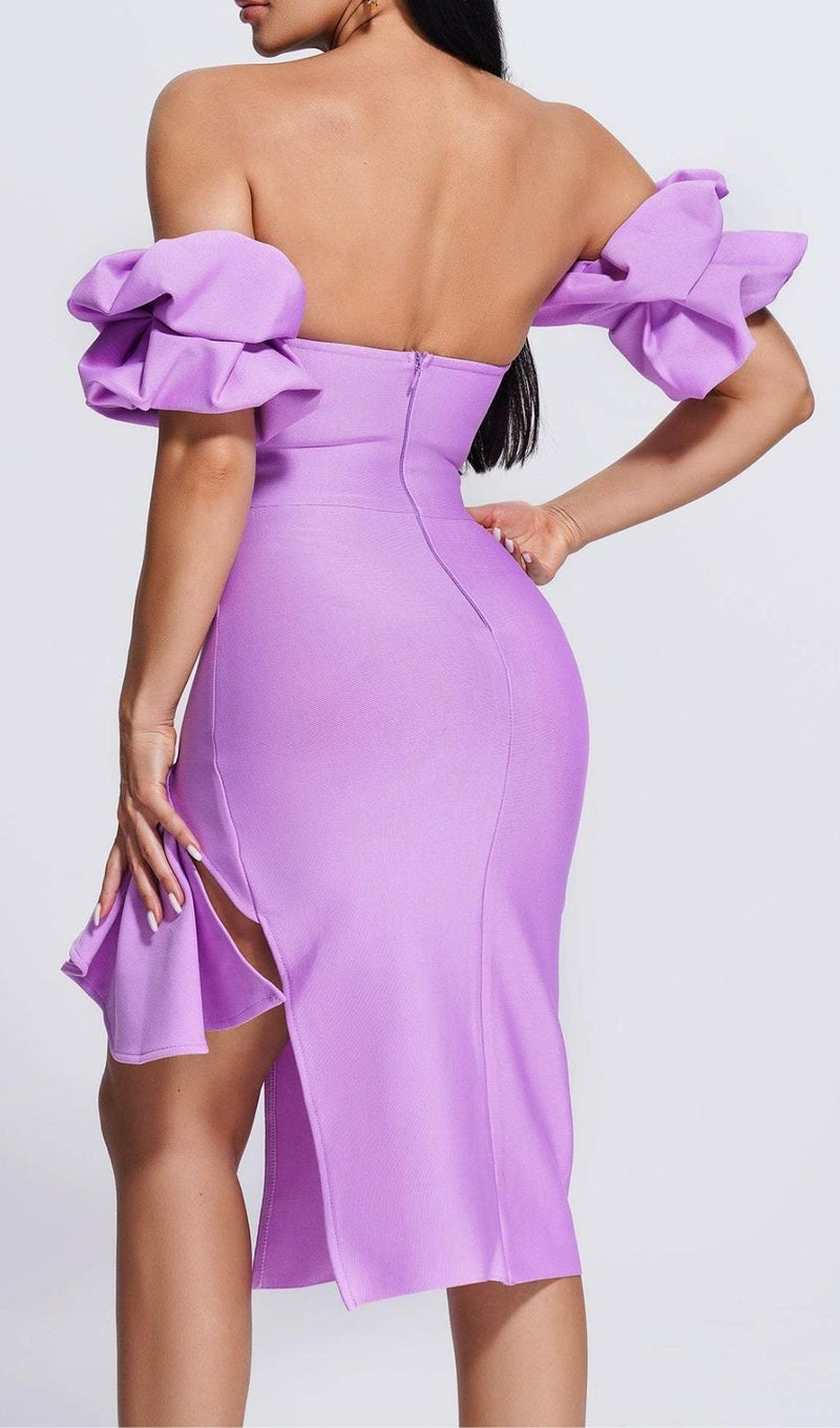 STRAPLESS DRAPED SLEEVE SLITS BANDAGE DRESS IN PURPLE Dresses styleofcb 