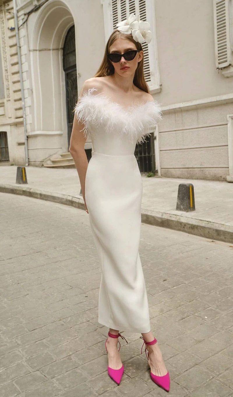 FEATHER BODYCON MAXI DRESS IN WHITE Dresses styleofcb 