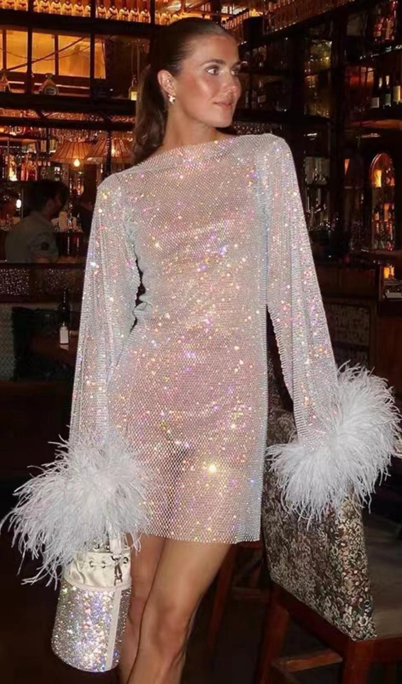 FEATHER MESH MINI DRESS IN WHITE Dresses styleofcb 