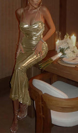 BODYCON FAUX LEATHER MIDI DRESS IN GOLD METALLIC DRESS STYLE OF CB 