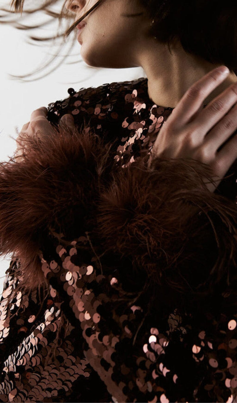 SEQUIN PATCHWORK PLUSH CUFF DRESS IN BROWN styleofcb 