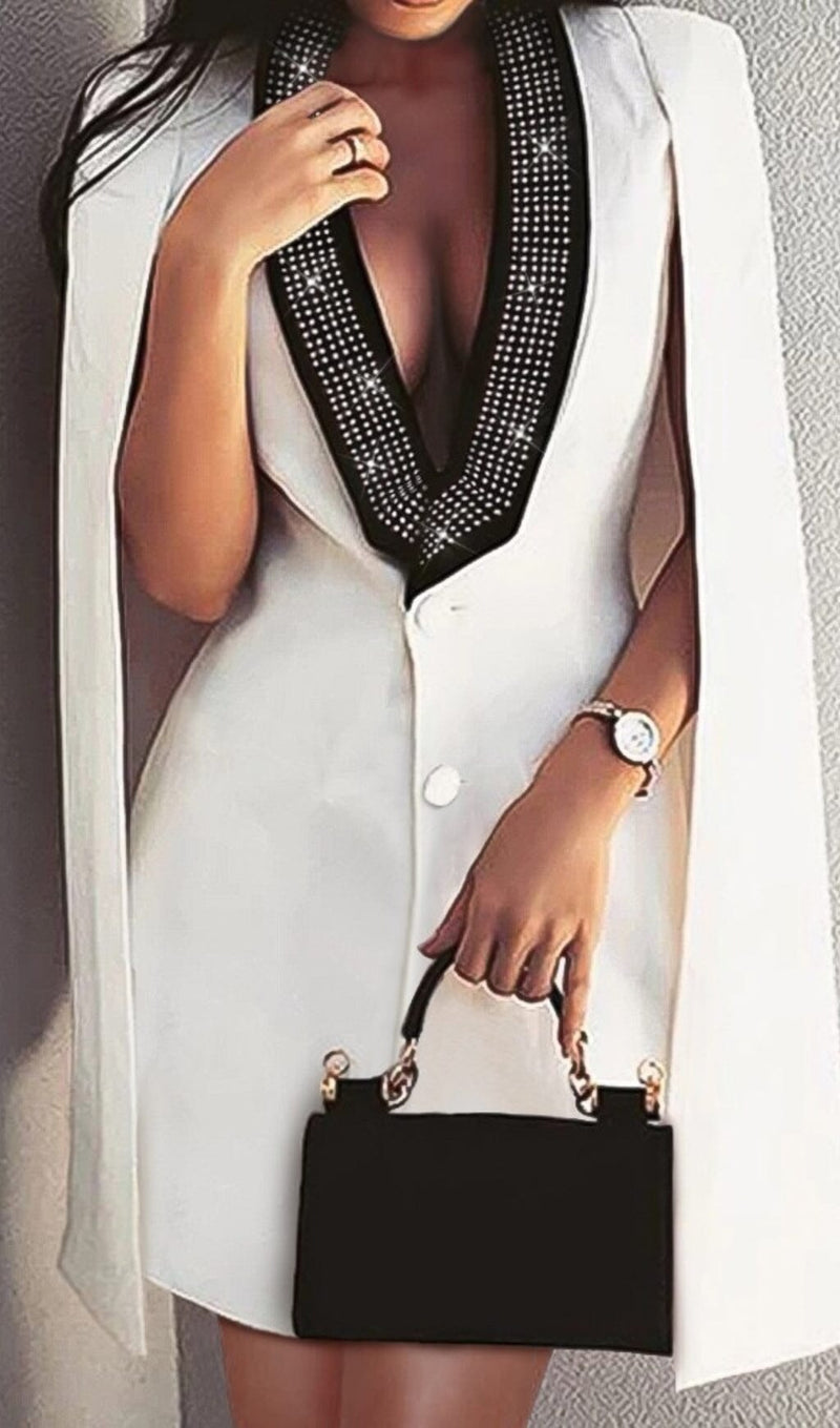 V-NECK DIAMOND DECORATIVE NECKLINE CLOAK DRESS IN WHITE styleofcb 
