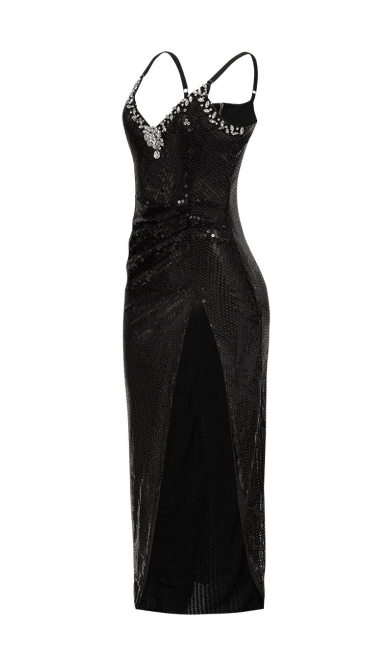 SEQUIN CRYSTAL V NECK MAXI DRESS IN BLACK styleofcb 