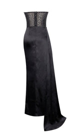 HOLLY BLACK CRYSTALLIZED CORSET HIGH SLIT SATIN GOWN Dresses styleofcb 