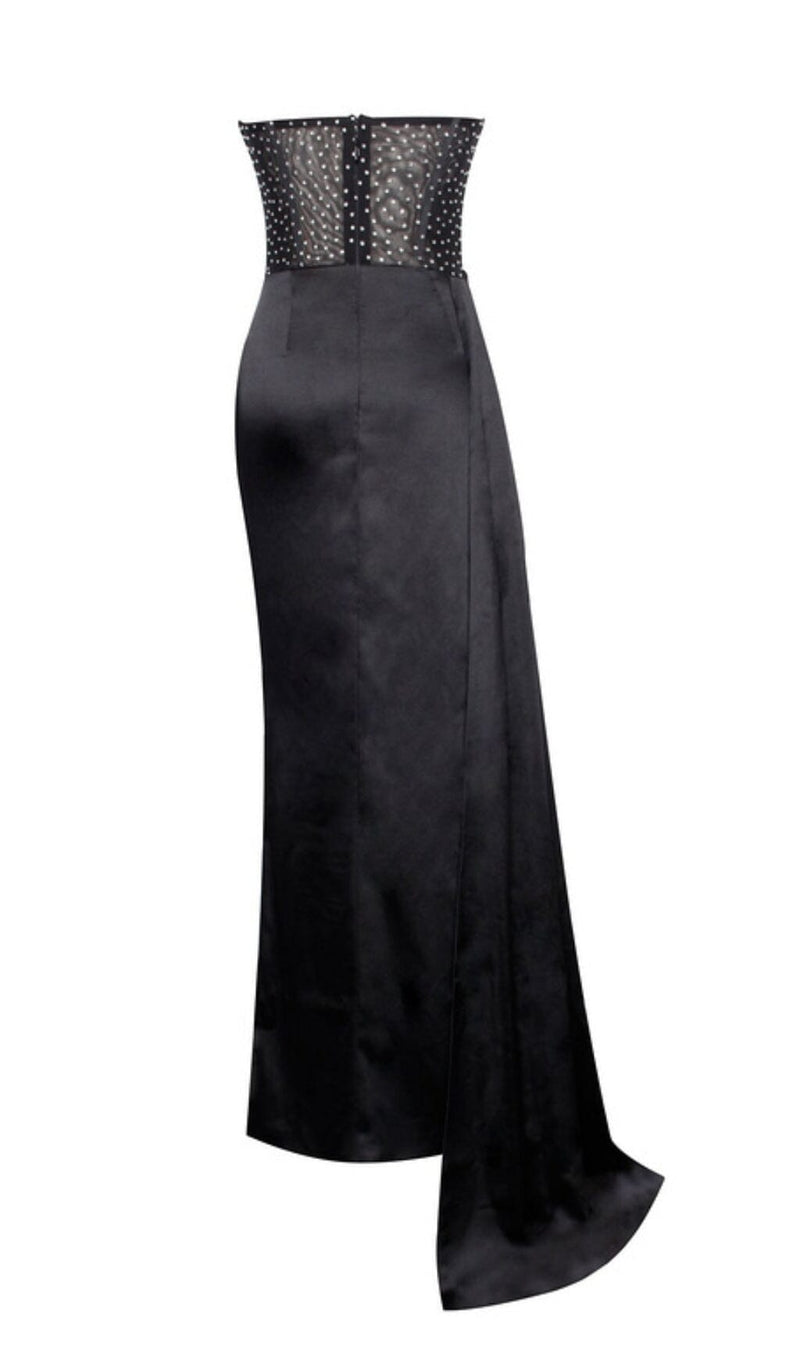 HOLLY BLACK CRYSTALLIZED CORSET HIGH SLIT SATIN GOWN Dresses styleofcb 