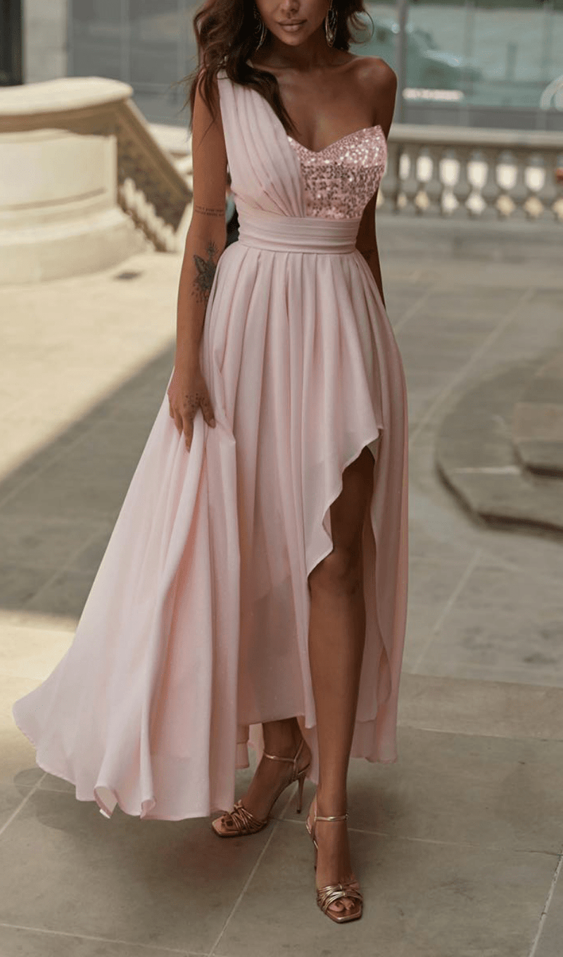 POLYESTER SEQUINS SLEEVELESS RUFFLE DRESS IN PINK styleofcb 
