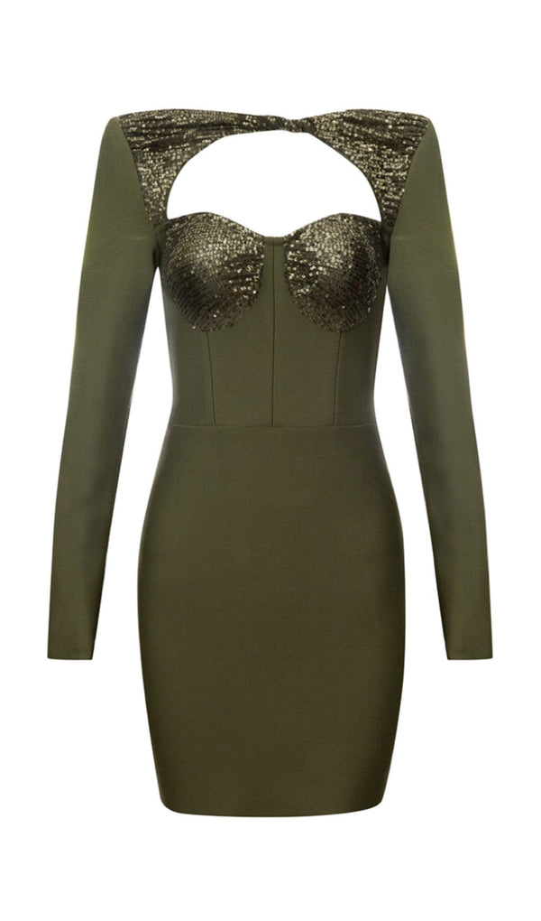 SEQUIN BODICE HIP WRAP DRESS IN OLIVE GREEN styleofcb 