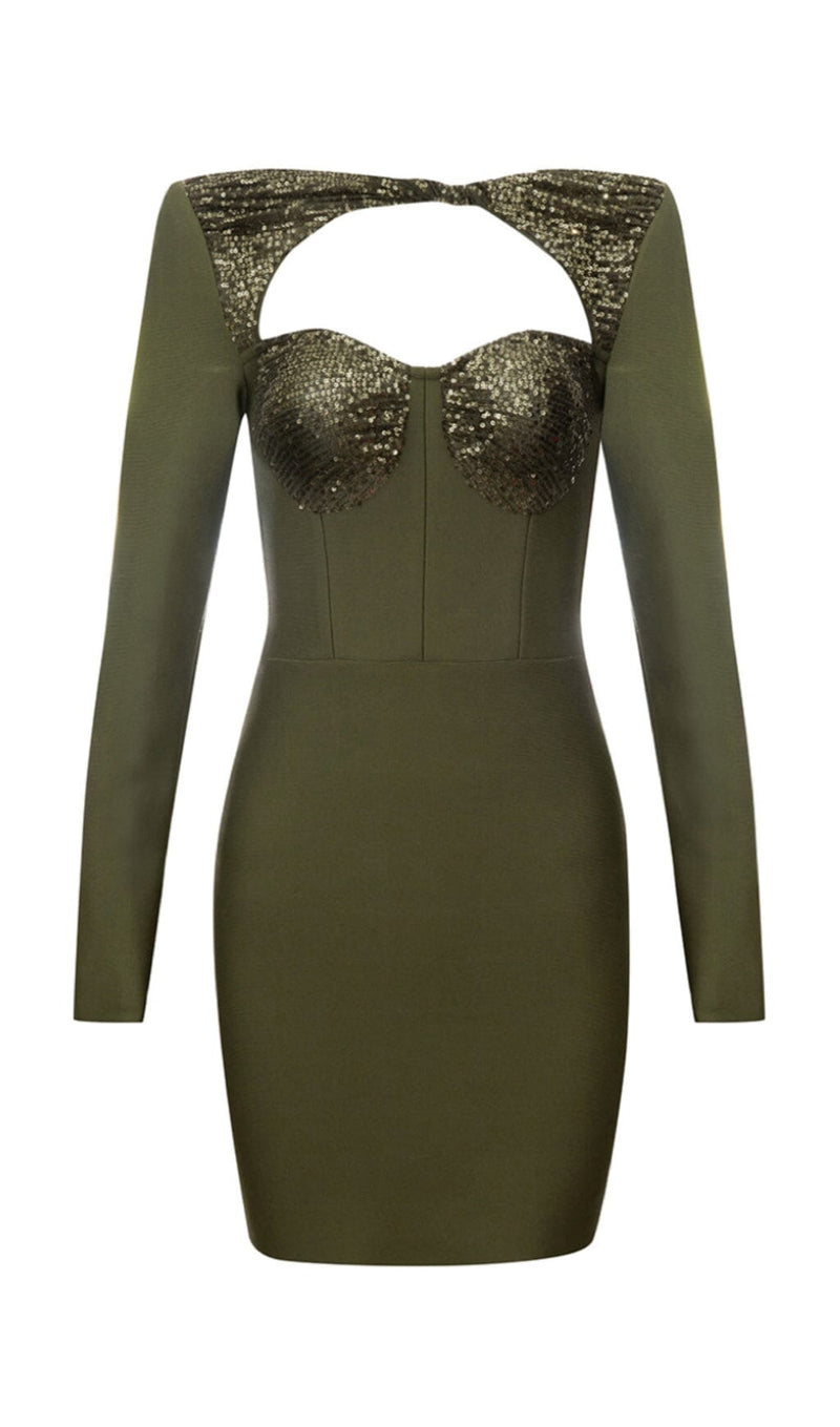 SEQUIN BODICE HIP WRAP DRESS IN OLIVE GREEN styleofcb 