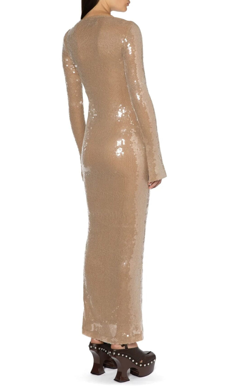 SEQUINED WITH LONG SLEEVES AND BACKLESS DRESS IN KHAKI styleofcb 