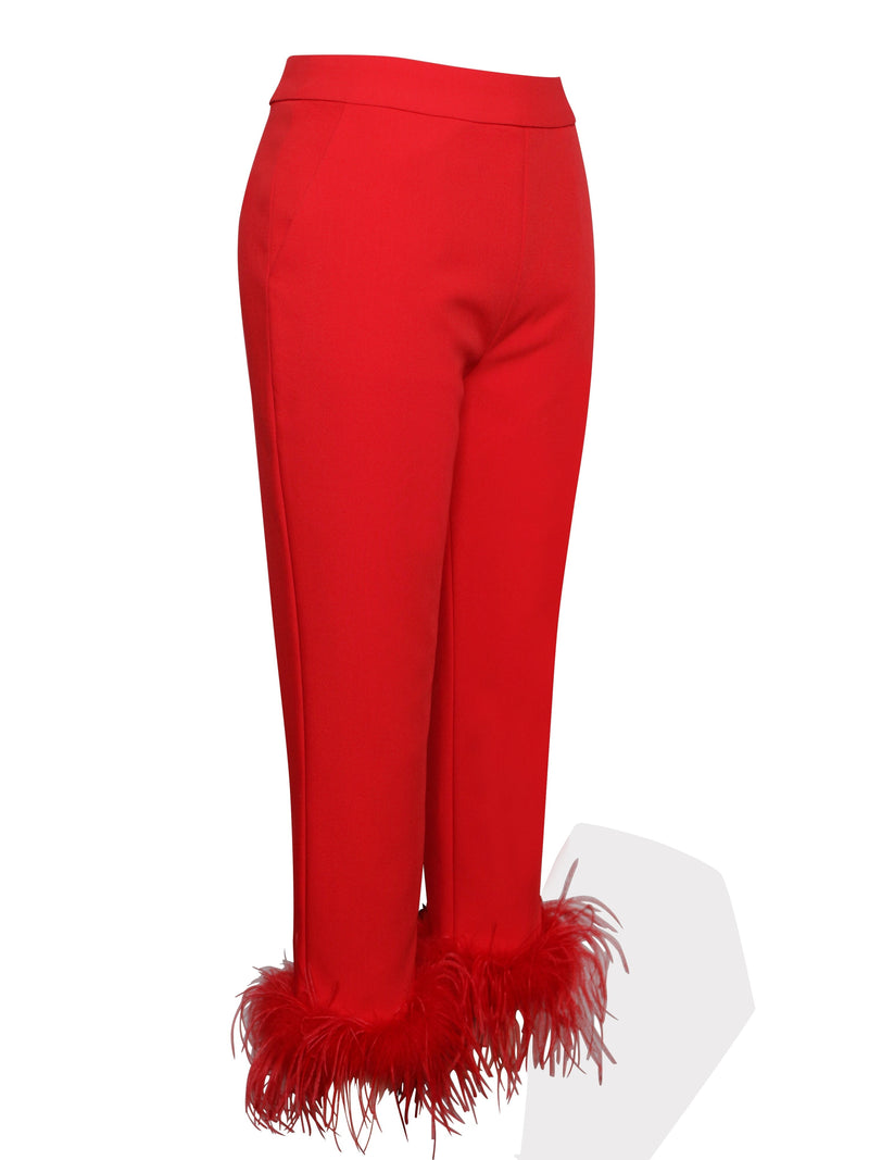 RED BLAZER SUIT WITH FEATHER TRIM Bottoms styleofcb 