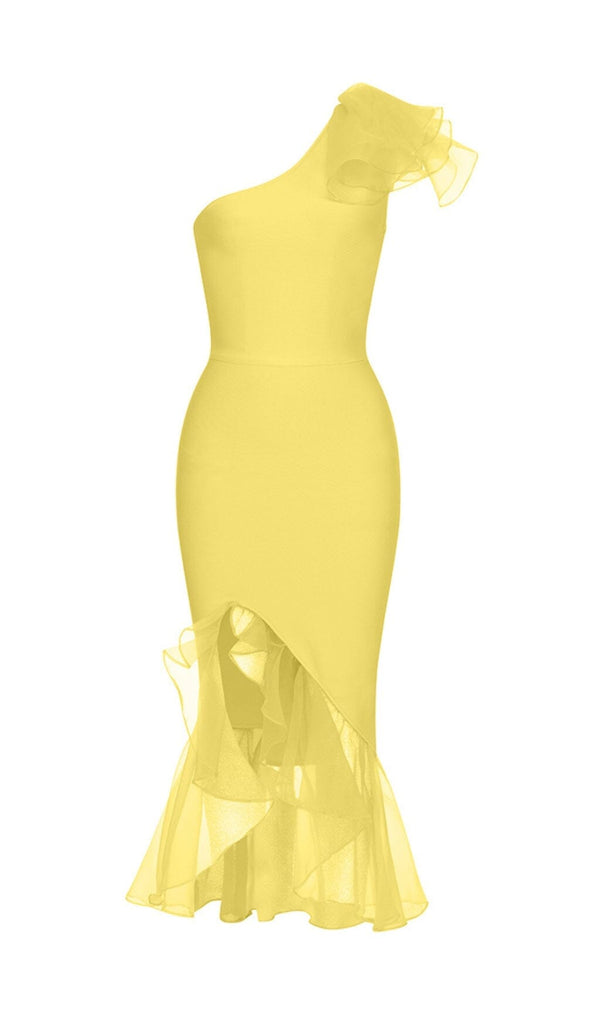 BANDAGE ONE-SHOULDER MIDI DRESS IN YELLOW styleofcb 